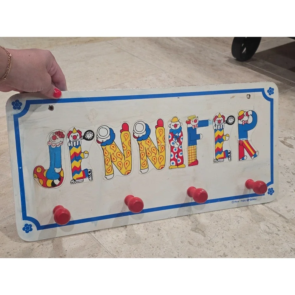 Vintage JENNIFER 1960's Children's Coat Rack 4 Peg Bellei Clowns Stickers